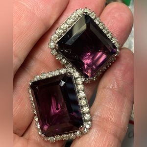 Vintage Large Purple Glass and Rhinestone Earrings